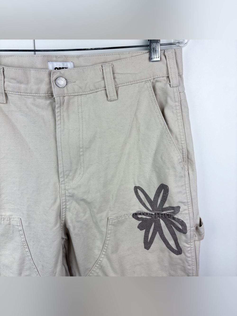 OBEY Big Timer Twill Printed Carpenter Pants Flower Floral Beige Cotton Size 30 - Picture 5 of 9